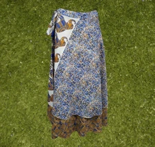 Women Sari wrap skirt, Beach Silk Sari Wrap Skirts, Blue White Elephant One Size