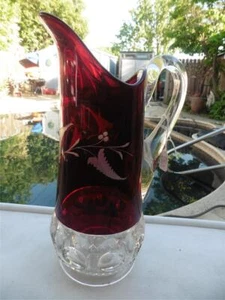 Vintage 52 Oz Pitcher King's Crown Ruby Red Flash US GLASS Fern Leaf & Berries - Picture 1 of 6