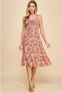 Smocked Bodice Tie Front Boho Red Floral Spaghetti Strap Slip Dress Flirty - Picture 1 of 8