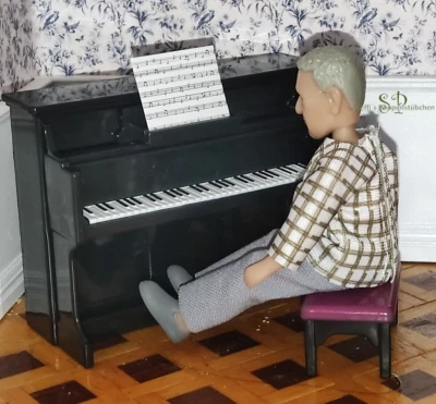 MARKENLOS Klavier mit Hocker, schwarz - Miniatur Puppenhaus Puppenstube Lundby-Größe