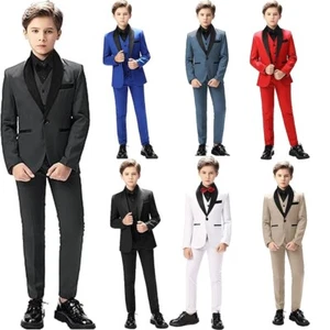 Boys Suits Slim Fit Formal Outfit Wedding Suit Kids Suits Set Coat Pants Vests - Picture 1 of 26