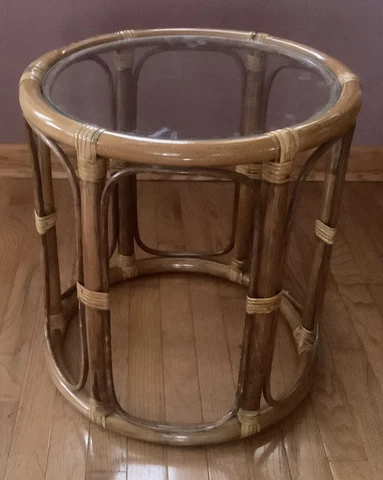 Vintage Rattan Bamboo Round Side End Table Glass Top MCM Tiki Boho Drum Cover