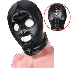 Bondage Hood Head Harness Mask Headgear PU-Leather Gimp Open Mouth Eye Restraint - Picture 1 of 10