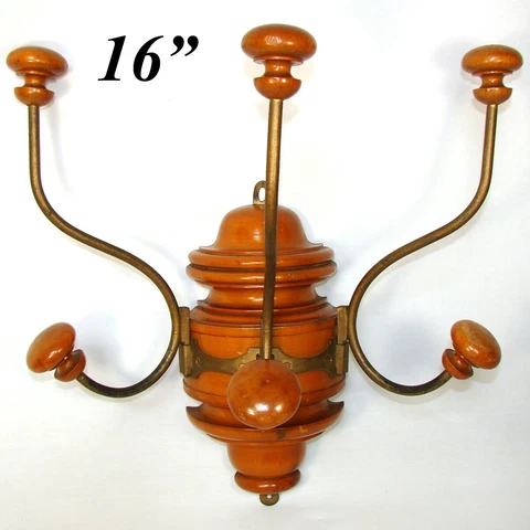 Antique Edwardian Era Turned Wood & Brass 16" Tall Hat & Coat Rack, Wall Mount Cover