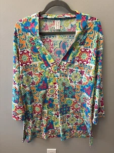 NWT Liz Claiborne Tunic Womens XL Blu Pink White Orange Stretch Nylon 3/4 Sleeve - Picture 1 of 4