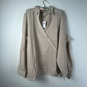 New J.Jill Collared Ticking Striped Faux Wrap Front Shirt Blouse Long Sleeve 3X - Picture 1 of 9
