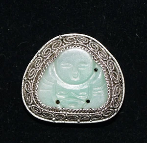Antique? ~ Natural Jadeite ~ Fine Filigree Silver ~ Carved Buddha ~ Pin ~ NO DYE - Picture 1 of 3