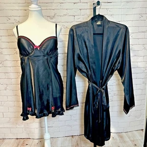 APT 9 Intimates Robe & Gown 2 Piece Set Womens XL Black Pink Satin Nightie - Picture 1 of 16
