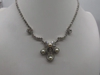 Leo Glass Silver Toned Champagne Pearl & Clear Rhinestone Necklace 15" Long #83H - Image 1 of 4