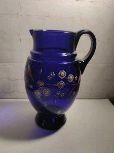 Antique VTG Hand Blown Cobalt Blue Glass Pitcher Jug White Daisy Flowers 9.5" - Picture 1 of 15