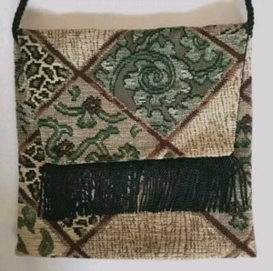 New Purse Tapestry fabric fringe Black Linda Ridgeland Handmade UNUSED Boho Vtg - Picture 1 of 8