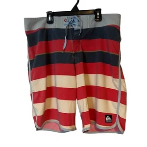 Quicksilver Swim Board Shorts Mens 34 Red White Blue Tie Waist - Picture 1 of 12