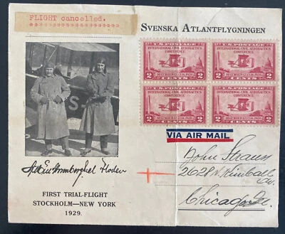 1929 USA First Trial Flight Airmail Cover Stockholm Sweden To Chicago Signed - Image 1 of 2