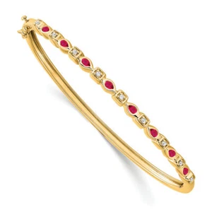 14K Solid Yellow Gold Ruby Diamond Hinged Bangle Bracelet - Picture 1 of 8