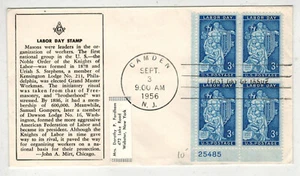 LOWER LEFT PLATE # BLOCK FDC 1956 LABOR DAY 1082-15 MIRT MASONIC - Picture 1 of 1