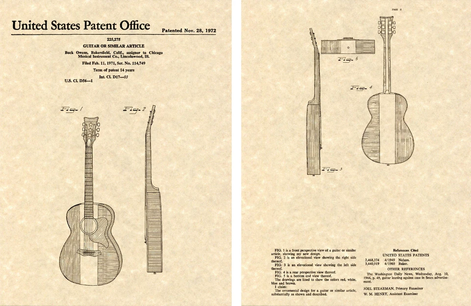 Guitarra Buck Owens Patente EE. UU. Impresión Artística LISTA PARA ENMARCAR Acústica Foto 1 de 1