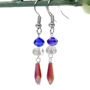 Red White Blue Crystal DangleEarrings Handmade Patriotic Jewelry for 4th of July - Picture 1 of 3