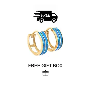 Pendientes de aro Huggie de ópalo azul oscuro doble fila de oro amarillo de 14k - Imagen 1 de 2