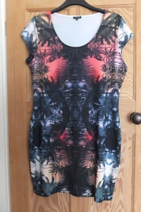 RIVER ISLAND Tropical Multicoloured Stretch Short Sleeved Dress. Size 16 - Picture 1 of 7
