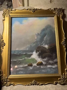 Stunning Antique American School "Coastal Landscape" Pastel Painting - Signed - Picture 1 of 16