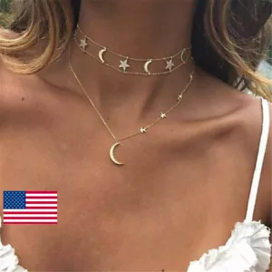 Boho Multilayer Choker Pendant Necklace Crystal Moon-Star Chain Women Jewelry - Picture 1 of 8