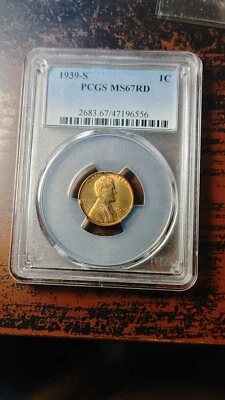 1939 S Lincoln Wheat Cent 1C PCGS MS67 RD Blazing Red Superb Gem            4315 - Image 1 of 4