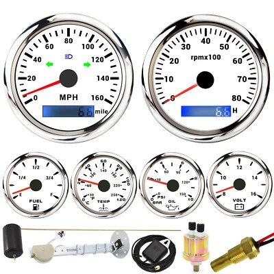 6 Gauge Set 85mm GPS Speedometer 160MPH Tacho&52mm Fuel Oil Press Temp Voltmeter - Image 1 of 4