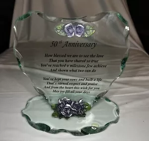 Happy 50th Anniversary Decorative Glass Heart Shape Plaque w/ Saying New - Picture 1 of 5