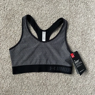 NEW Under Armour Sports Bra Mid-Impact Support Black White Pattern Womens Size S - Image 1 of 4