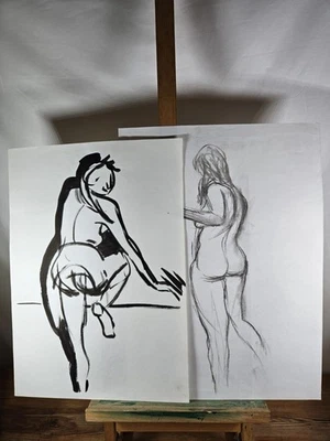 MOLLIE WALLACE ORIGINAL NUDE LIFE DRAWINGS SET OF TWO INK AND CHARCOAL STUDIES - Image 1 of 4