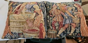 2 Vintage belgischer Wandteppich 9 Zoll Kissen einseitig mit Szene aus dem 18. Jahrhundert - Bild 1 von 4