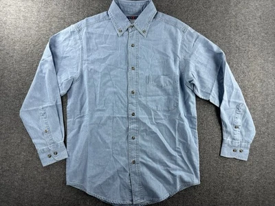 Vtg Jerzees Denim Shirt Blue Button Down Long Sleeve Y2K 2002 100% Cotton Size S - Image 1 of 4