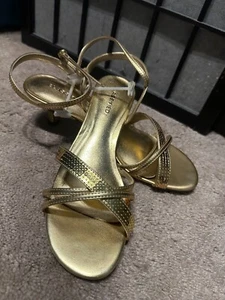 Ankle Strap Open Toe Kitten Heel Sandals Gold - Picture 1 of 5