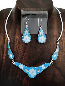 Artisan Blue Butterfly Abalone Mother of Pearl Necklace Earring Set from Taxco