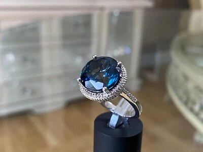 Sterling Silver 14mm London Blue Topaz & White Diamond Halo Style Ring - Image 1 of 4