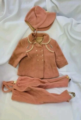 复古 40 年代儿童幼儿夹克裤子雪地服 3 件粉色羊毛帽子帽 — 第 1/4 张图片