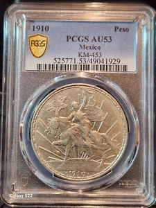 1910 Un Peso PCGS AU53 Mexico KM-453 Gold Shield Caballito Nice Luster (Pop 29) - Picture 1 of 7
