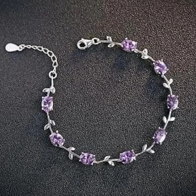 Pulseira de tênis feminina ametista simulada corte oval 10 quilates folheada a ouro branco 14K - Imagem 1 de 4