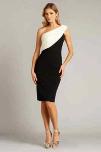 Vestido TADASHI SHOJI Negro Blanco Drapeado Un Hombro Sadie Elastizado Crepé M = 8 🖤 - Imagen 1 de 4