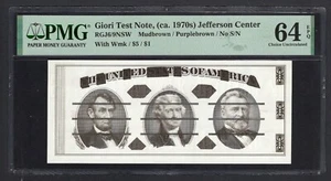 Giori Test Note, (ca. 1970s) Jefferson Center "With Wmk" Uncirculated Grade 64 - Picture 1 of 2