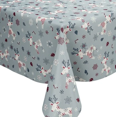 Scandi Christmas Reindeer Blue PVC Vinyl Wipe Clean Oilcloth Tablecloth - Image 1 of 4