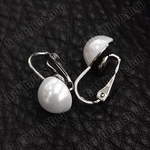 CLIP ON 10mm WHITE PEARL fake studs NON-PIERCED EARRINGS silver fashion clips - Picture 1 of 5