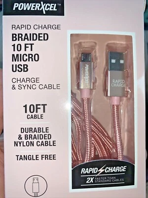 NEW PINK METALLIC PowerXcel Braided 10 Foot Micro USB Charge Sync Cable ❤️sj8j1 - Image 1 of 4