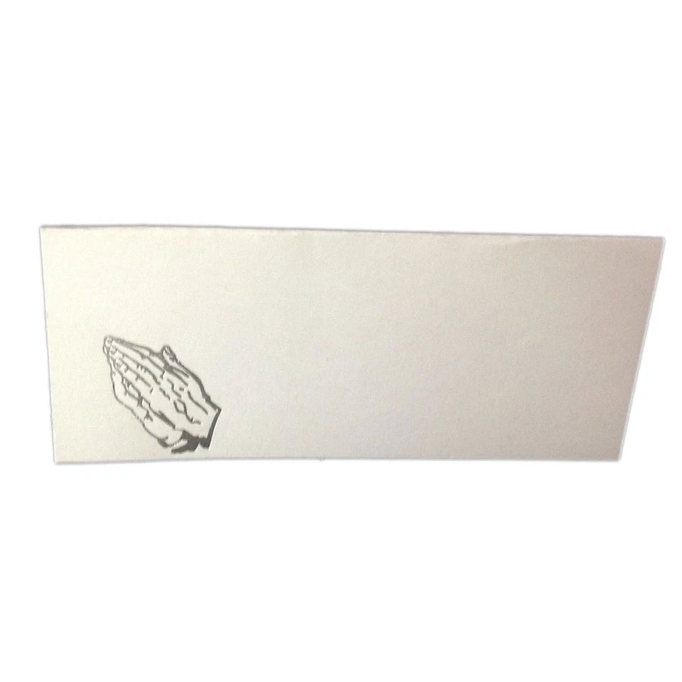 50 tarjetas de lugar blancas estilo tienda de campaña con manos de oración plateadas 4,25" x 1,75 plegadas Foto 1 de 1