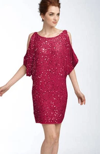 Nuevo sin etiquetas Vestido Rojo Aidan Mattox 'Hombro Frío' Lentejuelas Plateadas 2 - Imagen 1 de 1