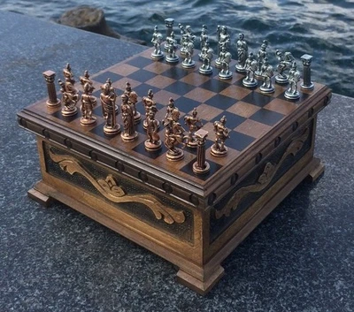 Antique Puzzle Chess Set – Handmade Board with Hidden Storage & Mystery Key 🎁 - Image 1 of 4