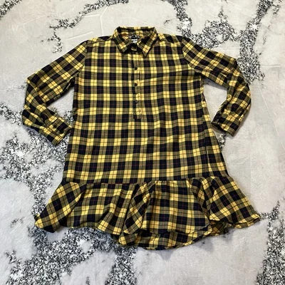 Vestido camisero Aqua para mujer talla grande amarillo a cuadros con volantes mini manga larga Foto 1 de 4