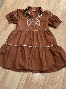 ENTRO:DRESS BROWN SCALLOP TRIM DETAIL COLLAR SHORT PUFF SLEEVES SZ.S - Picture 1 of 4