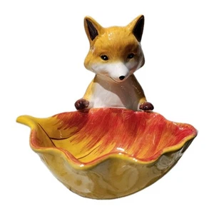 Fox And Fall Leave Trinket Bowl Candy Dish Vintage Serving Dish Country Cottage - Picture 1 of 8