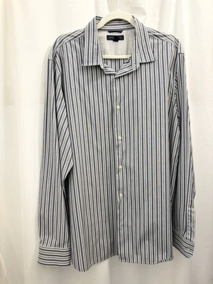 Banana Republic 正装衬衫 XL 17-17.5 男式黑色带蓝色条纹修身版型 — 第 1/4 张图片